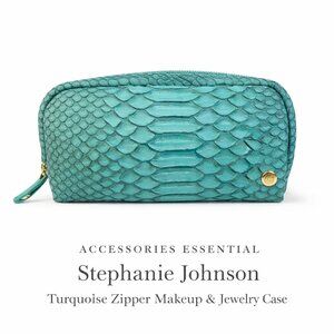 Stephanie Johnson Zipper Makeup Bag Jewelry Case Turquoise Faux Reptile 6-Inch